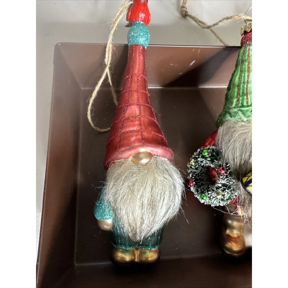 POTTERY BARN - New Mercury Glass GNOME Ornament w/ Faux Fur Beard - Set Of 5